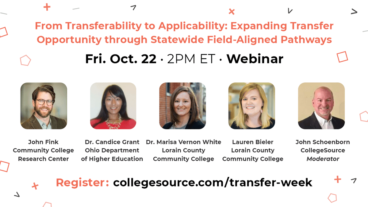 CollegeSource's tweet image. On Friday 10/22, learn about Ohio’s field-specific #transferpathways, plus hear research on the relationship btwn taking the right STEM foundational coursework and subsequent STEM transfer success.

Sign up: collegesource.com/transfer-week
#transferstudentweek #collegesourcetransfertalk