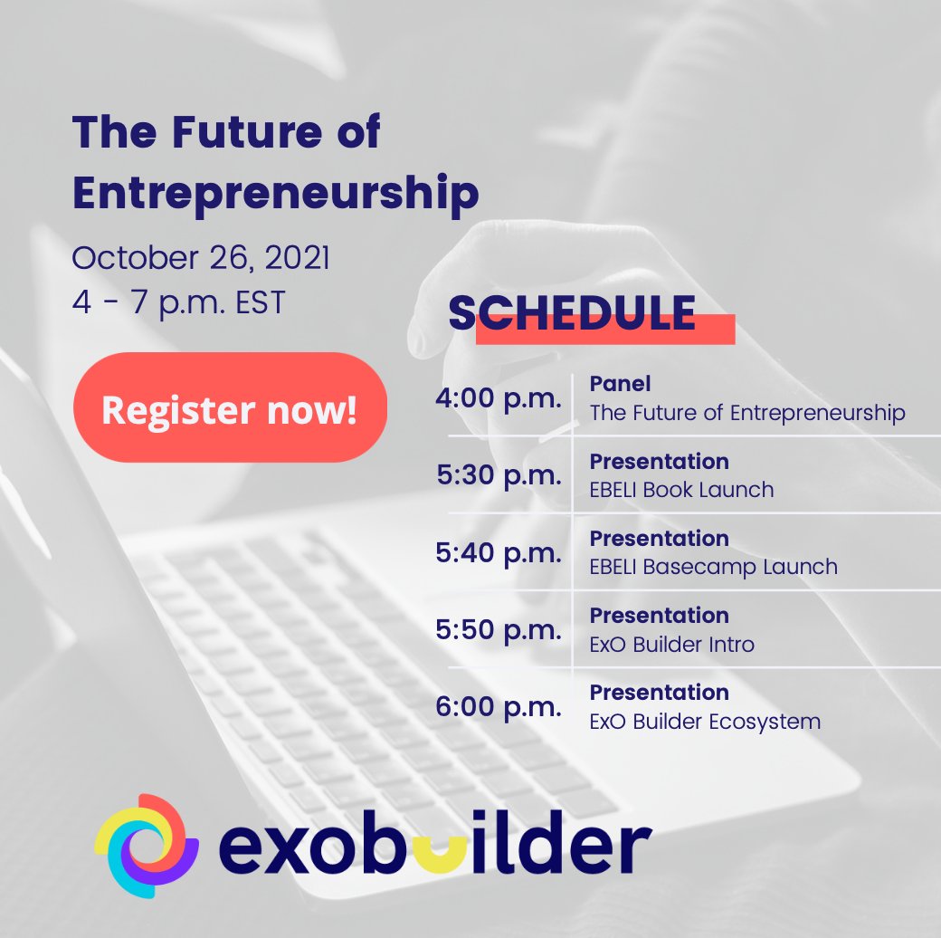 plopezsela's tweet photo. You cannot miss this! 1st time ever @Atortajada @bobdorf @SpeakerJeff @PeterDiamandis @robertoalvarez @salimismail will be discussing The Future of Entrepreneurship and how to create Exponential StartUps!
Learn about the ExO Builder from @OpenExO.
https://t.co/iZuFNqW1d4 https://t.co/m7bw0fralN