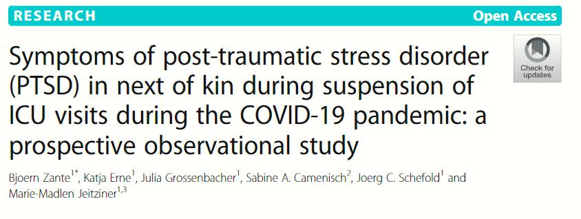 A prospective observational study described the impact of restricted visitation on the next of kin of ICU patients during the COVID-19 pandemic: high prevalence and severity of acute stress disorder and PTSD symptoms. Read more here: pubmed.ncbi.nlm.nih.gov/34587929/