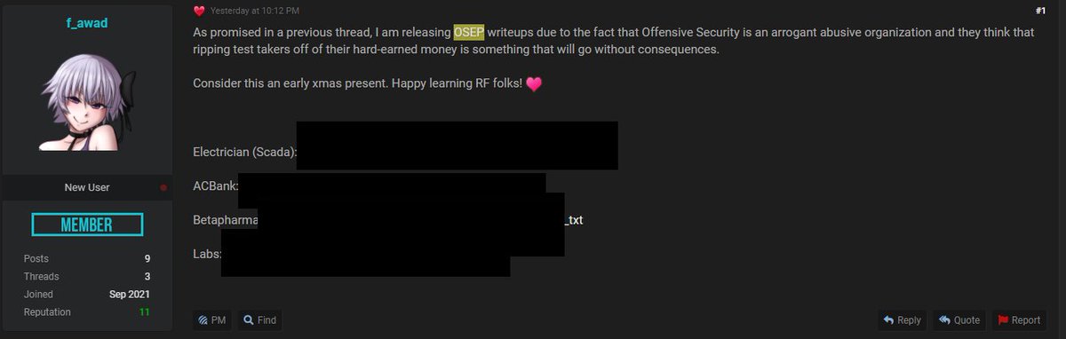 vxunderground's tweet photo. Angry RF user leaked @offsectraining exam answers online. "... is an arrogant abusive organization and they think that ripping test takers off of their hard-earned money is something to go without consequences"[sic]

* Image modified to conform with Twitters leaked content policy https://t.co/OH7GbLES57