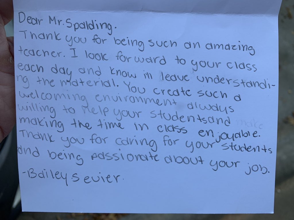 Thank you @DRHSVB for taking time to recognize teachers tonight. It was an honor to be selected by Bailey, and her note speaks to my goals as an educator. 
The environment of the room matters. Care about the kid more than the curriculum. 
#TeachWithPassion #RHSScience @RHSRaiders