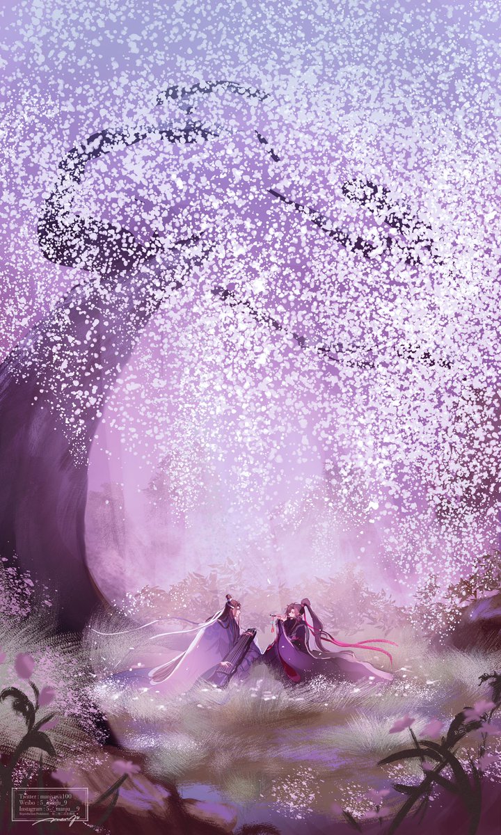 cherry blossoms tree long hair sitting 1girl purple theme outdoors  illustration images