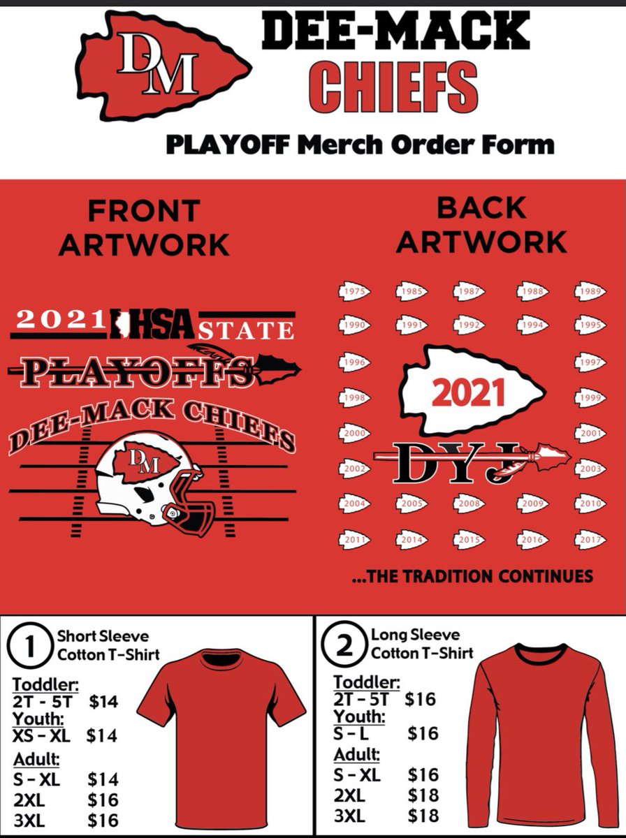 DCM_Football's tweet photo. 🚨🚨🚨🚨🚨
@DCM_Chiefs 🏈 Playoff gear available below🗣

Chiefs have made the playoffs for the 29th time in school history 💪🏻

Order forms are due Monday by 4pm to the HS office‼️

#DYJ https://t.co/pmBKqyOJzh