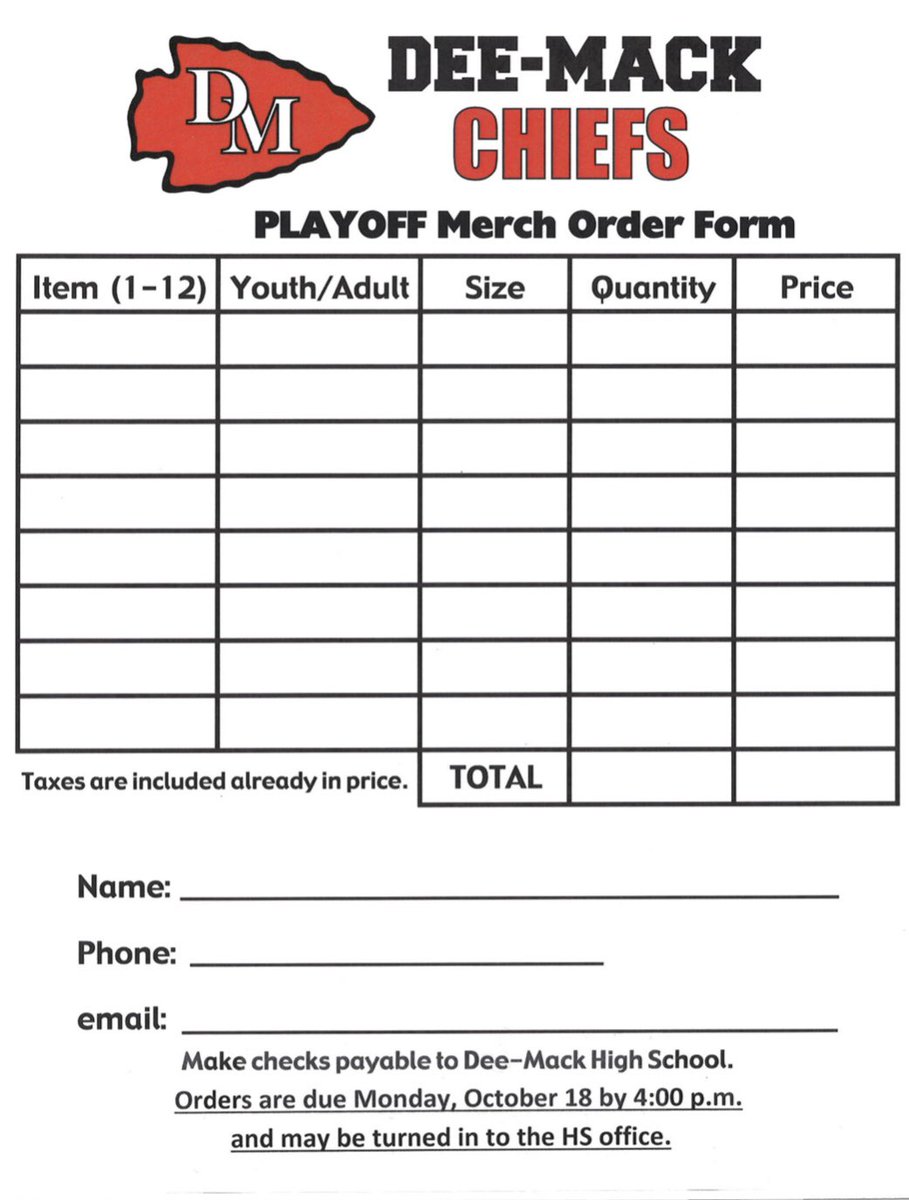 DCM_Football's tweet photo. 🚨🚨🚨🚨🚨
@DCM_Chiefs 🏈 Playoff gear available below🗣

Chiefs have made the playoffs for the 29th time in school history 💪🏻

Order forms are due Monday by 4pm to the HS office‼️

#DYJ https://t.co/pmBKqyOJzh