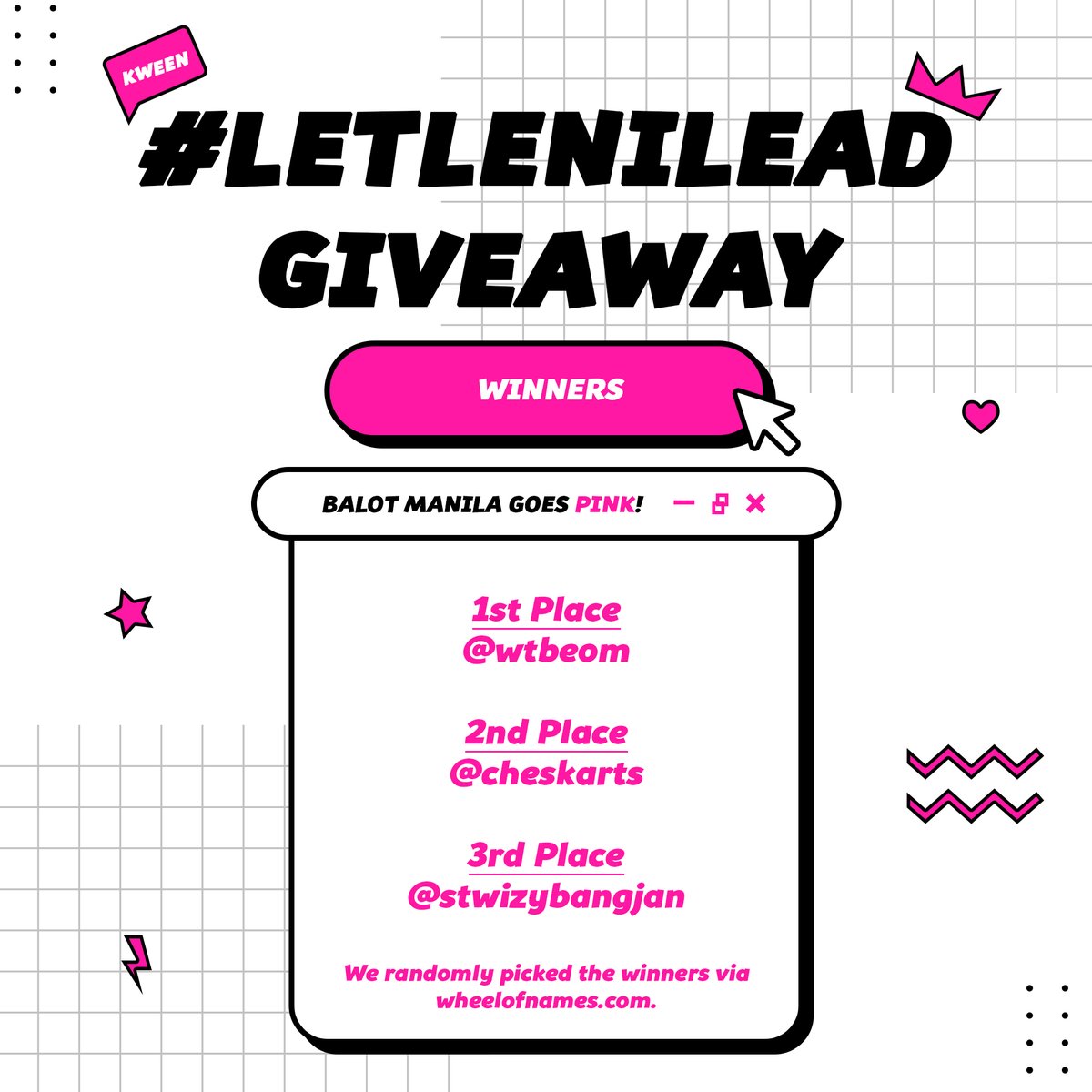BalotManila's tweet photo. ˗ˏˋ #bmnlgiveaway ˎˊ˗

Thank you again to those who participated in our very first giveaway. Here are our winners for our first GA!

Congratulations, @wtbeom, @cheskarts, &amp; @stwizybangjan!

↳ screen record of the actual picks : https://t.co/y9plTWlHCl

#LetLeniLead #BMNLGoesPink https://t.co/efhvx4J5Se
