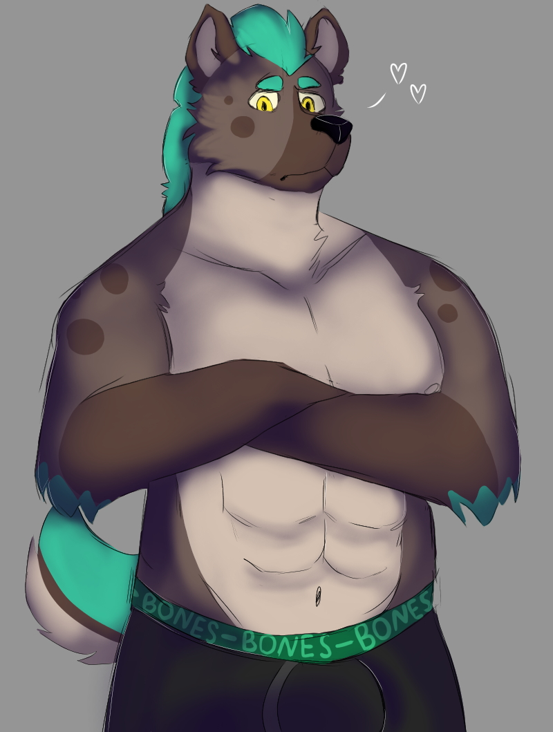 Heres a drawing of my sona Kris
dont know why i drew this but i think it turned out good

#furry #buff #bufffurry #hyena #hyenafurry #underwear