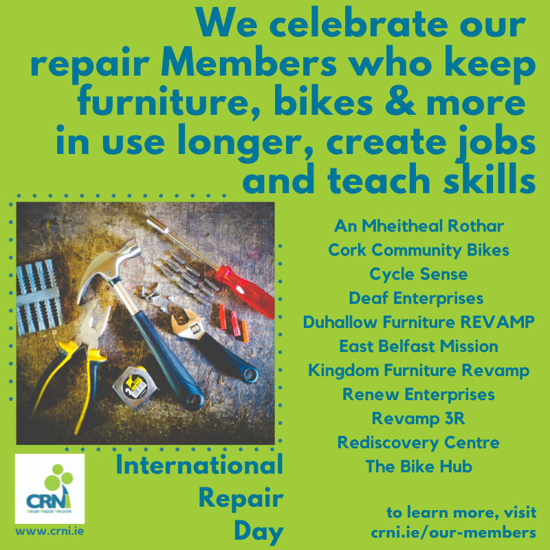 🛠️On International #RepairDay we celebrate our #repair Members who keep furniture, bikes &amp; more in use longer, create jobs and teach skills. 
Learn more 👉crni.ie/our-members 
#RightToRepair #ReuseMonth #reuse #circulareconomy <a href="/EPAIreland/">EPA Ireland</a> @Dept_ECC <a href="/MyWasteIreland/">My Waste Ireland</a>