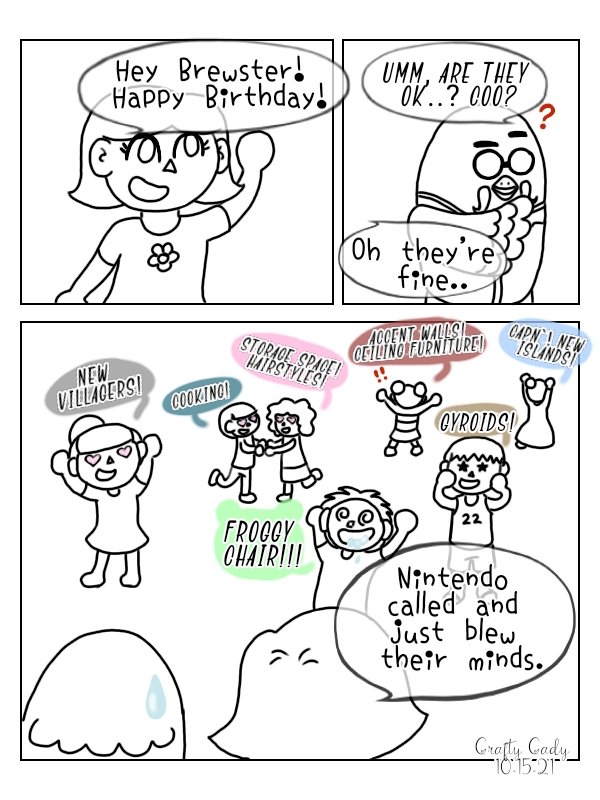 CraftyCady's tweet photo. I made a thing. #acnh #NintendoDirect #AnimalCrossing #brewster #dlc #funny #comic #lol #digitalart #nintendo #animalcrossingnewhorizons #gyroid #villagers #cooking #game #switch #nintendoswitch #newhorizons https://t.co/EBOwbVVQk3
