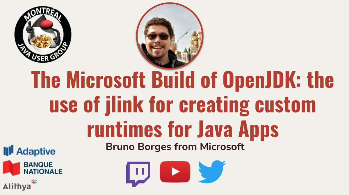 montrealjug's tweet photo. October 26th at 12:00PM EDT come to this event with @brunoborges  from @JavaAtMicrosoft  #OpenJDK  the use of jlink for creating custom runtimes for Java Apps https://t.co/xyjQjY1qbv #Meetup https://t.co/4yWMYhZkJY