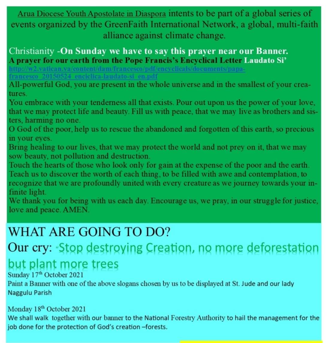 ayikobuajohn's tweet photo. #OURCRY!
"Stop Destroying Creation,NO more Deforestation BUT Plant More Trees..!."🌳🌳🌳🌴🌴🌴🌱🌱🌱
ADYAD Intends to be part of a Global series of Events Organised by The GreenFaith International Network,a global,Multi-faith alliance Against climate change.@irc_uganda @yinu256 https://t.co/iGvMan1VzR