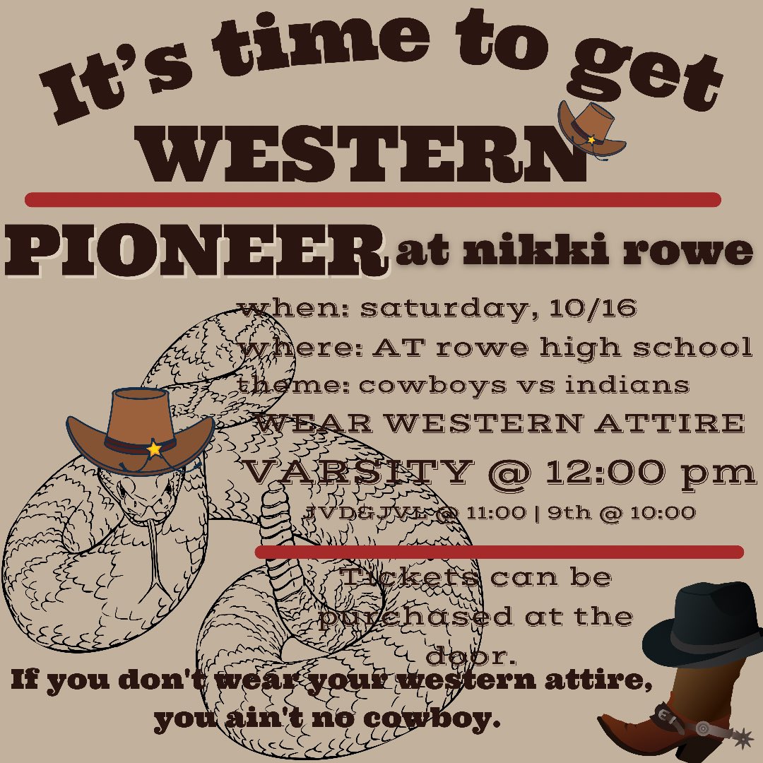 sphsvball1's tweet photo. SATURDAY. 
NOON. 
Gone country 🤠

Come support your 
🐍LADY DIAMONDBACKS🐍 
AT ROWE HIGH SCHOOL 

It’s time for the best student section in the RGV to get a little western 🤠

@MySPHS @DBackBooster @SharylandAth #PioneerNation #OwnToday https://t.co/wvdWDpT0O9