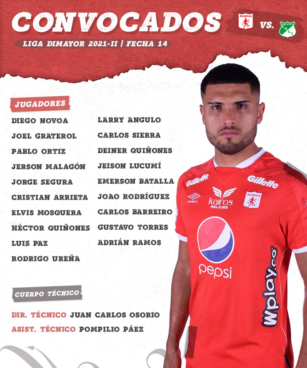 AmericadeCali's tweet photo. 📋⚽ Estos son nuestros 19 convocados para recibir mañana a @AsoDeporCali en el Pascual Guerrero, por fecha 14 de la Liga 2021-II. 🇦🇹

#SentimientoEscarlata 👹 https://t.co/vWPzxJSCrp
