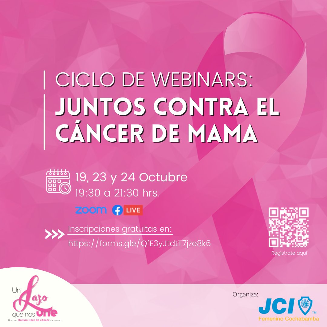 JCIBolivia2021's tweet photo. JCI Femenino Cochabamba dentro del programa Un Lazo que nos Une, por una Bolivia libre de cáncer de mama, te invita a participar de manera totalmente GRATUITA del Ciclo de Webinars
📌 REGÍSTRATE AQUÍ: 

https://t.co/ohAm38rUUn

#UnLazoQueNosUne 
#PrevenirEsVivir https://t.co/qzcz61alPN