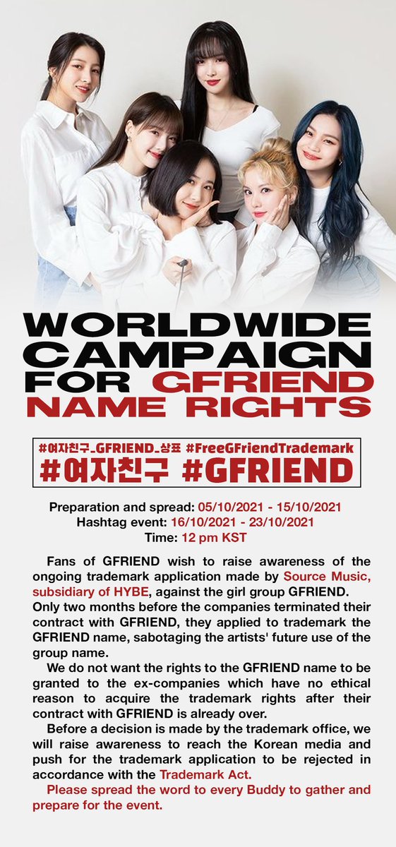 GFriendPH's tweet photo. [📢 ANNOUNCEMENT]

WORLDWIDE CAMPAIGN FOR GFRIEND NAME RIGHTS STARTS NOW!

DON'T FORGET TO USE THE HASHTAGS ON TWEETS!

#여자친구_GFRIEND_상표 #FreeGFriendTrademark 
#여자친구 #GFRIEND https://t.co/81UHxJfXoE