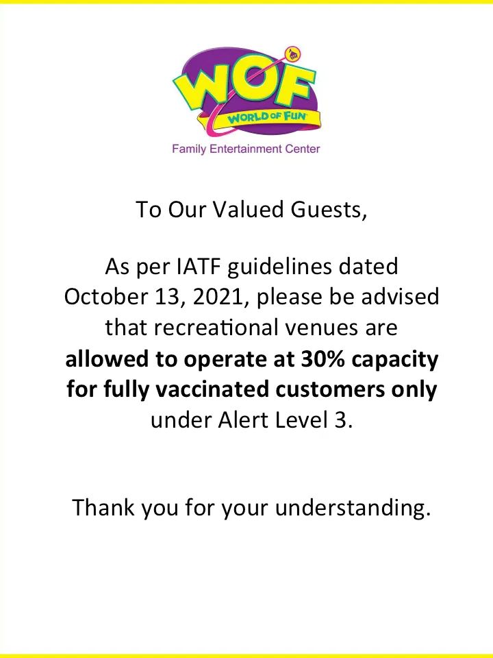 worldoffunph's tweet photo. 📣  FunPamilya Safety Check:  We are allowed 30% capacity for fully vaccinated customers only.  This is to ensure that everyone is safe.  Please bring with you your vaccination cards and valid IDs.  

#FunIsSafeAtWOF #WorldOfFun #WOF #SulitSaya #FunPamilya https://t.co/UpE8kxSm8a