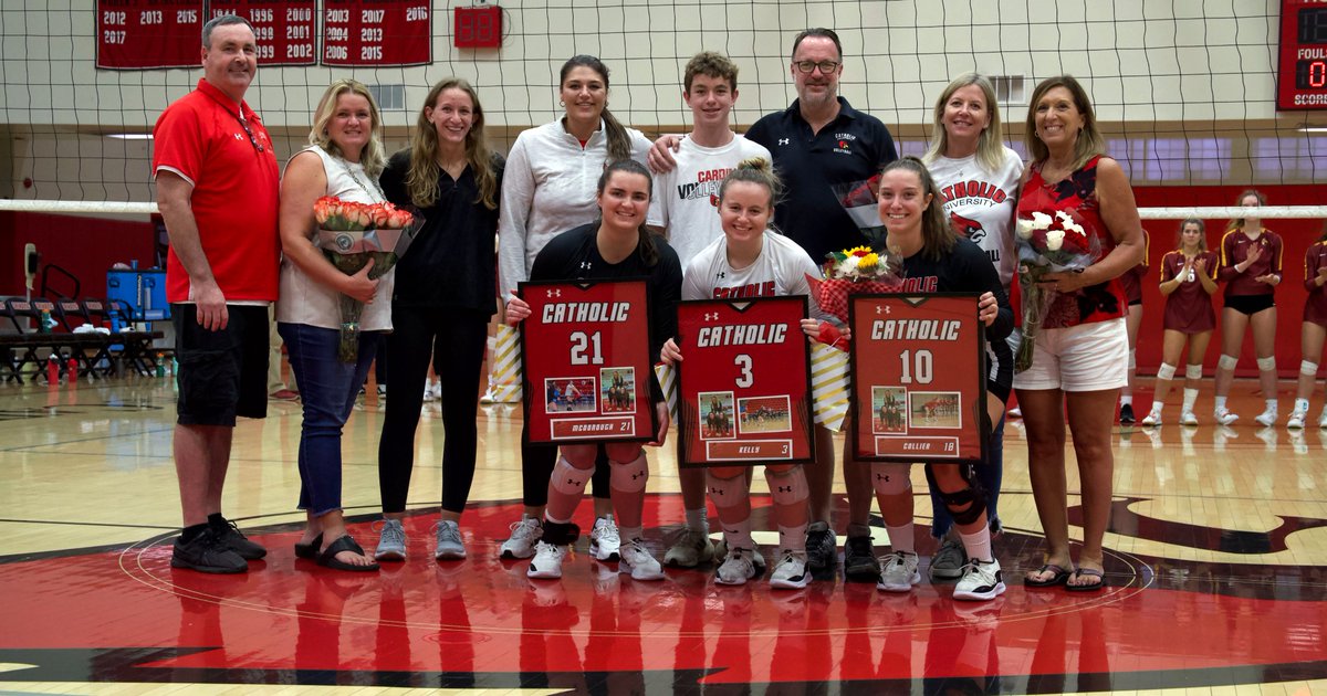 Catholic University Athletics (@catholicu_cards) on Twitter photo .<a href="/catholicu_vb/">Catholic U Volleyball</a> split a tri-match with Cabrini and Salisbury Friday on Senior Day. After a five-set win over Cabrini, the team honored seniors Mackenzie Collier, Caroline Kelly and Katie McDonough.
RECAP: catholicathletics.com/x/5jfsv
#ThisIsCatholicU #d3vb .<a href="/catholicu_vb/">Catholic U Volleyball</a> split a tri-match with Cabrini and Salisbury Friday on Senior Day. After a five-set win over Cabrini, the team honored seniors Mackenzie Collier, Caroline Kelly and Katie McDonough.
RECAP: catholicathletics.com/x/5jfsv
#ThisIsCatholicU #d3vb