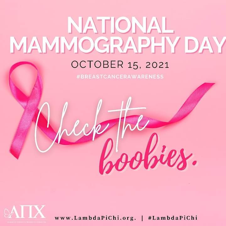 Omicron_LPC's tweet photo. 𝗡𝗮𝘁𝗶𝗼𝗻𝗮𝗹 𝗠𝗮𝗺𝗺𝗼𝗴𝗿𝗮𝗽𝗵𝘆 𝗗𝗮𝘆

As part of Breast Cancer Awareness month, today is National Mammography Day... 𝐜𝐡𝐞𝐜𝐤 𝐭𝐡𝐞 𝐛𝐨𝐨𝐛𝐢𝐞𝐬! 
.
.
.
#LambdaPiChi #BreastCancerAwarenessMonth #NationalMammographyDay #Mammograms #EarlyDetection #HealthyBoobs #ΛΠΧ https://t.co/2W8nGE1Awa