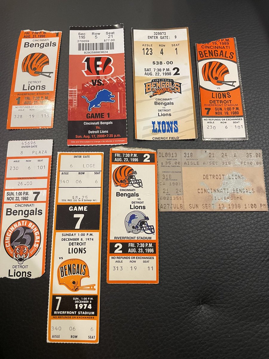 bengaljims_BTR's tweet photo. #LionsWeek
Was in Detroit in 2001, 2005 and 2013 (no ticket stub). I was also at that 1998 game at the Silverdome, #Bengals won in OT! I didn’t not attend the 1974 game, that was given to me 😉.
#CincinnatiFootballHistory https://t.co/3OJuppn1HM