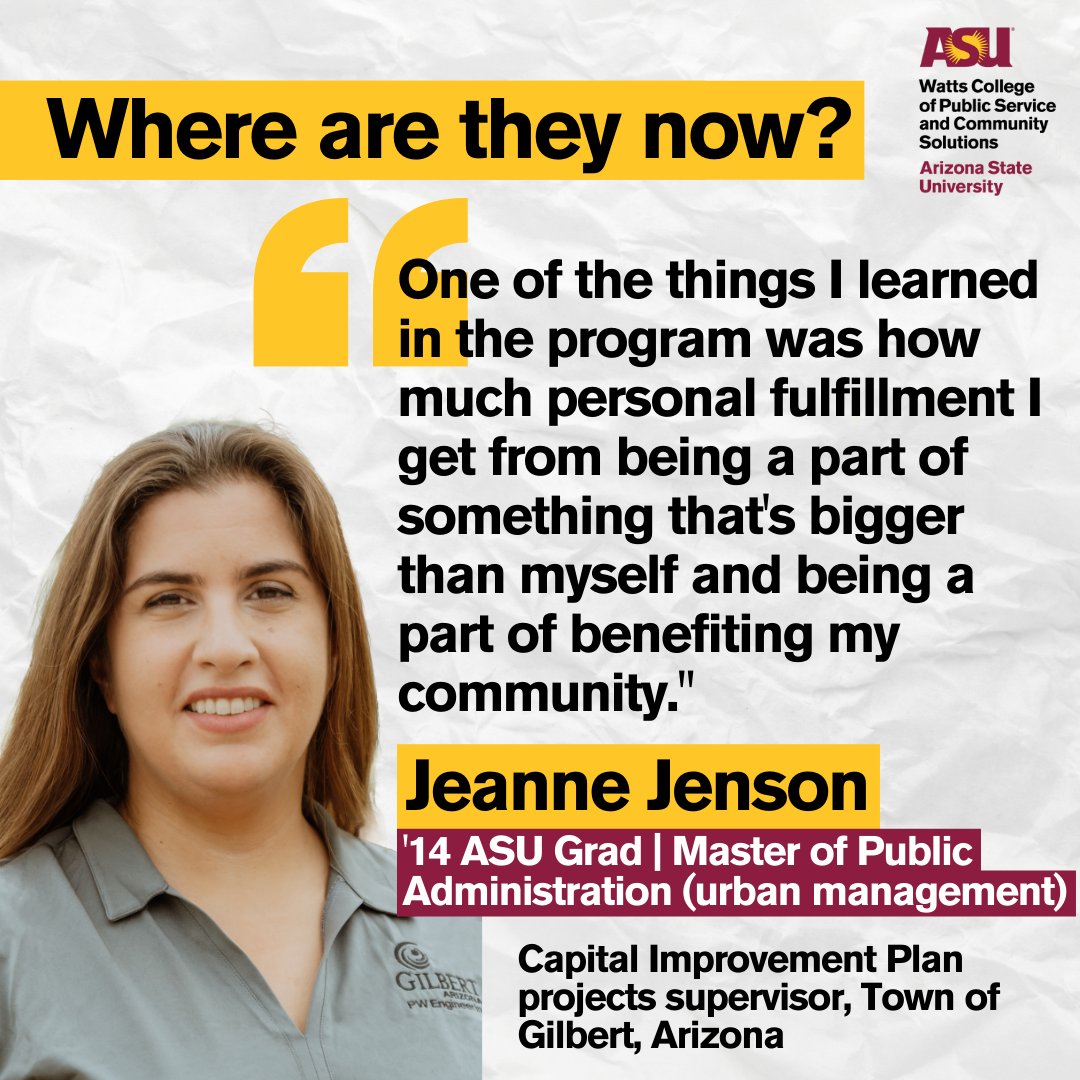 asupublicsvc's tweet photo. #OutstandingGrad Jeanne Jenson graduated from @ASU with three degrees: BSE in chemical engineering (2007), MSE in civil/environmental engineering (2009) and a MPA in urban management (2014). Jeanne is now the CIP projects supervisor for @GilbertYourTown. https://t.co/f1ov9lo2qZ