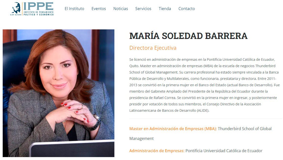 FernandoBaldaEC's tweet photo. 31) Soledad Barrera ex funcionaria del gobierno de Rafael Correa (gerente del Banco del Estado) creó y dirige el IPPE desde donde también se le pagó a Correa sueldos de 6.000 dólares mensuales. https://t.co/OEQIO6cT49