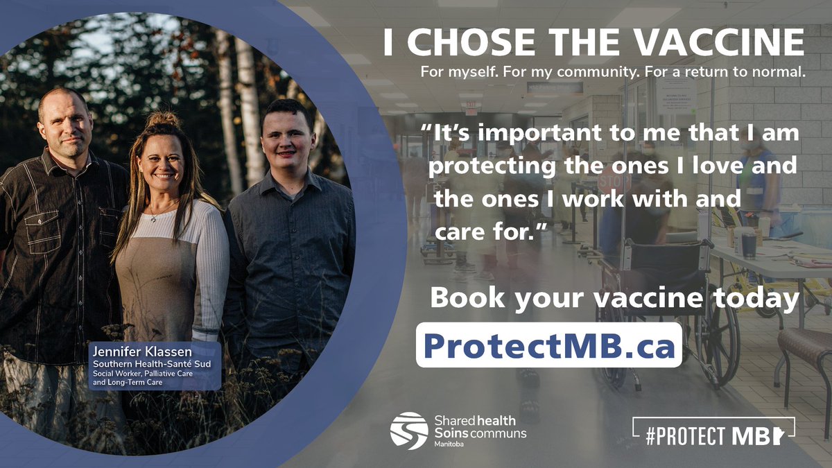 SharedHealthMB's tweet photo. They chose the vaccine to protect their families, community and for a return to normal. 

What's your why? 

Visit https://t.co/71x3fdbYEs to book your vaccine today. 

To view our latest posts, visit https://t.co/j6o6nc3fmy #ProtectMB #COVID19MB #CovidVaccine #COVID19 #Manitoba https://t.co/dtkS3PvJ66