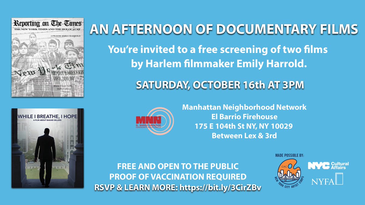 MNNNYC's tweet photo. #ScreeningAlert 📽️ #FilmScreening
This Saturday 10/16 @ 3pm we will be screening the documentaries @BakariDoc &amp; @onthetimes at our El Barrio Firehouse location.
Tickets are free and open to the public, proof of vaccination required.
RSVP &amp; info: https://t.co/NP1mi3qGYl https://t.co/BoWKa8lXol