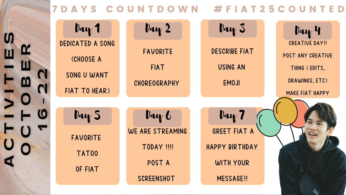 ✨ 7 Days Countdown To <a href="/FiatAngelo/">FIAT</a>'s 25th Birthday ✨

Here are the list of activities for the Birthday Countdown! 

Everyone is welcome to participate, just always use the #Fiat25Counted and tag <a href="/FiatAngelo/">FIAT</a>
