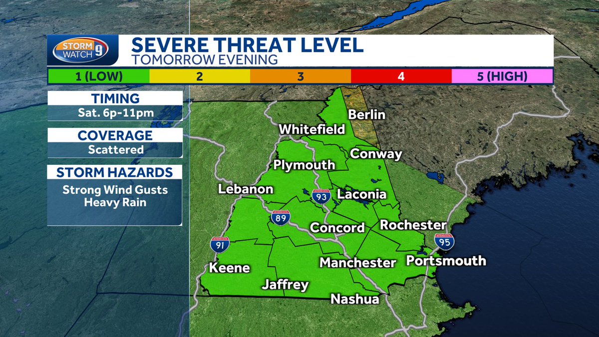 MikeHaddadWMUR's tweet photo. A brief 4 to 5 hour window Saturday Evening for passing downpours and gusty winds possibly over 40-50mph in a few areas. #wmur #fallstorms https://t.co/SLIKLrvdpc