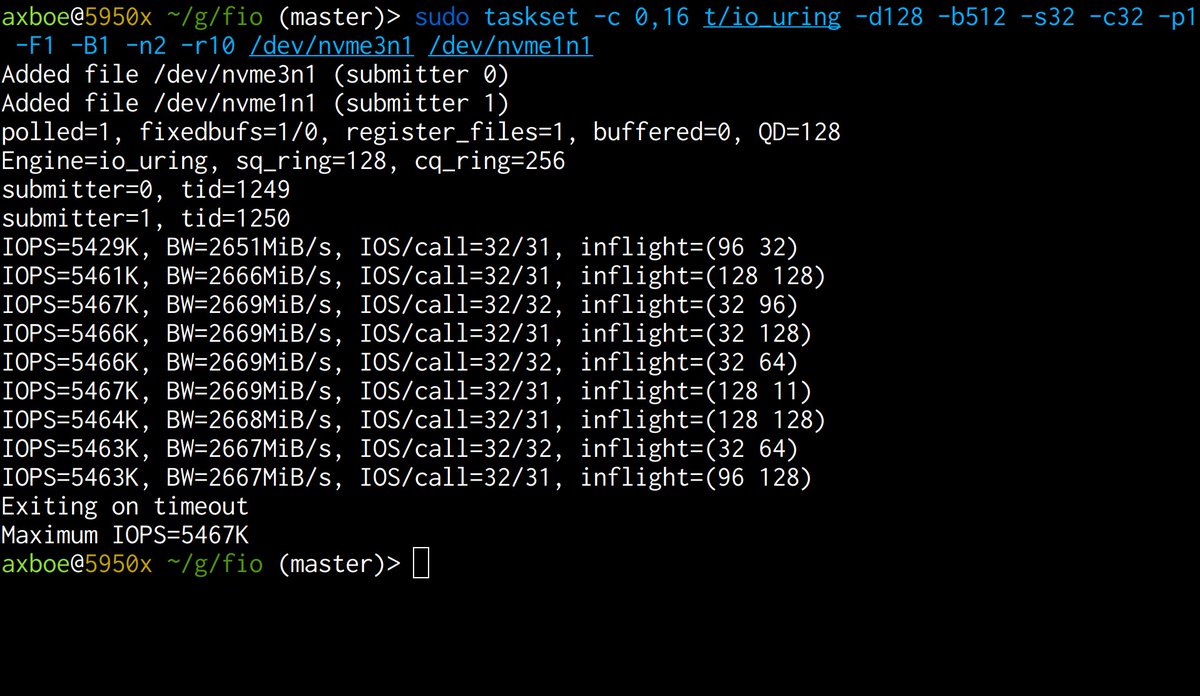 axboe's tweet photo. How it started vs how it's going. 5.15-rc5+ git vs 2 weeks of work layered on top. +45%, not bad for a few weeks of work. Didn't break 8M this week, but we're sooo close.

#io_uring #onecore https://t.co/RrOBwinCVr