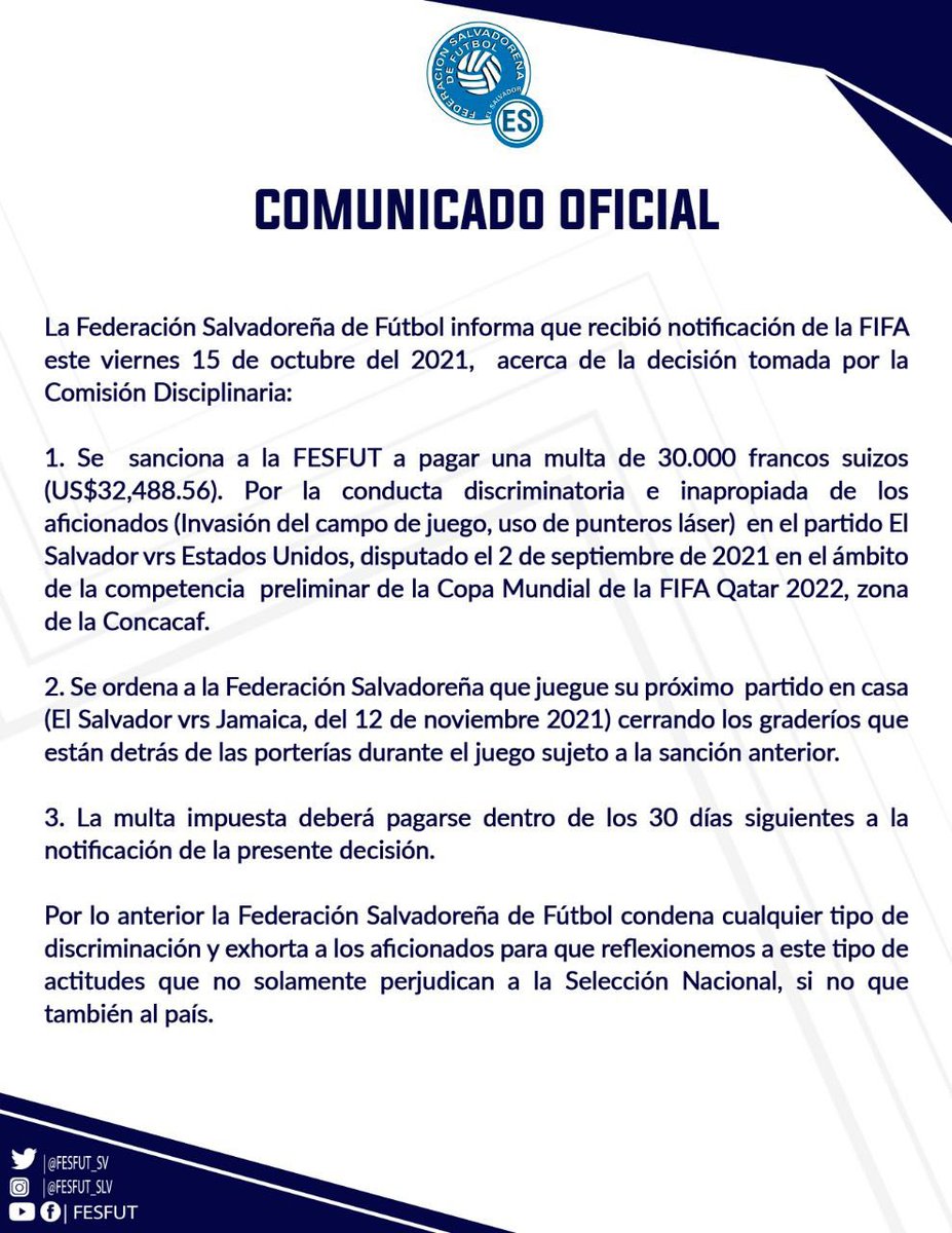 🗣| Comunicado oficial: Sanción impuesta por la FIFA 

#ElSalvador | #FESFUT