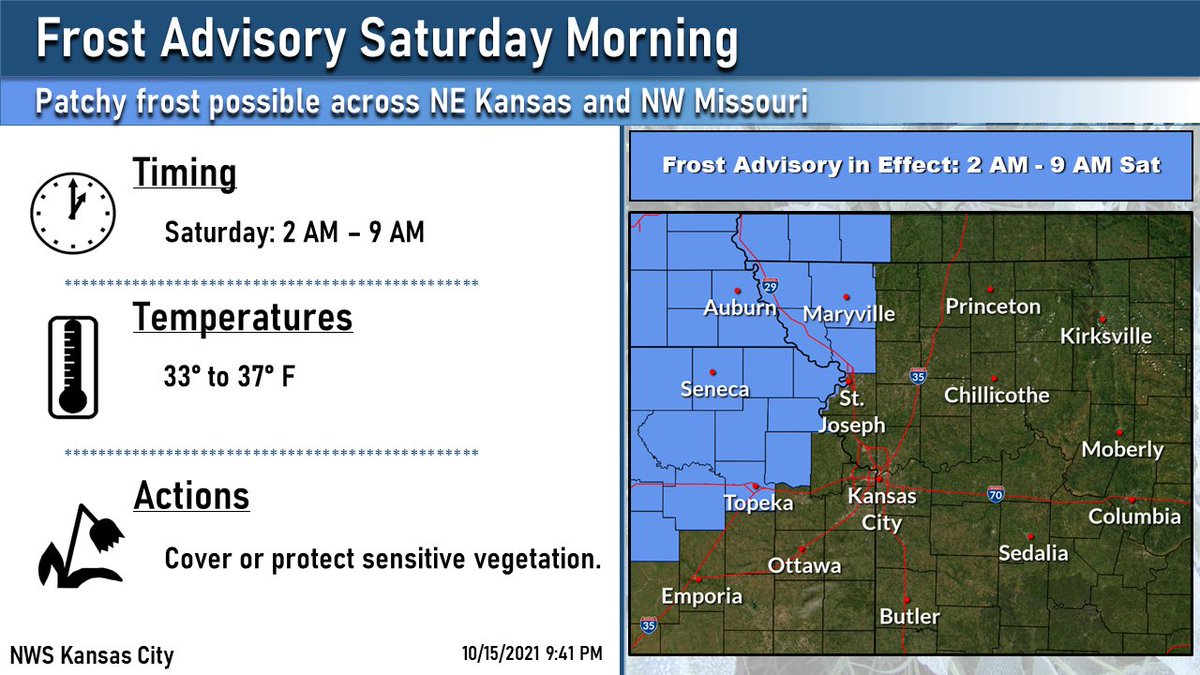 NWSKansasCity's tweet photo. Temperatures are going to start dropping pretty quickly a bit later tonight, &amp; there's a good chance NE KS &amp; NW MO may see those Sat morning temps drop into the mid 30s. That means those areas could see some patchy frost develop. Cover those sensitive plants tonight if you can! https://t.co/j8ZrB26DTk
