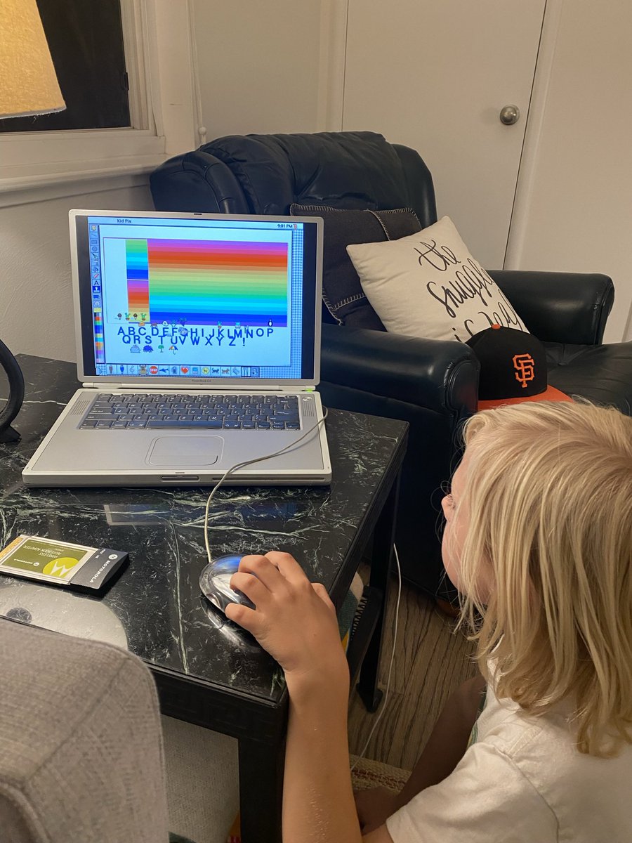 daverhoads's tweet image. Our friends came over with their 7 y/o and he needed some entertainment, I I provided an old Mac and Kid Pix. A total hit. Fascinating to see a kid today struggle to understand the concept of a mouse. He’s only used to touchscreens. #kidpix #broderbund
