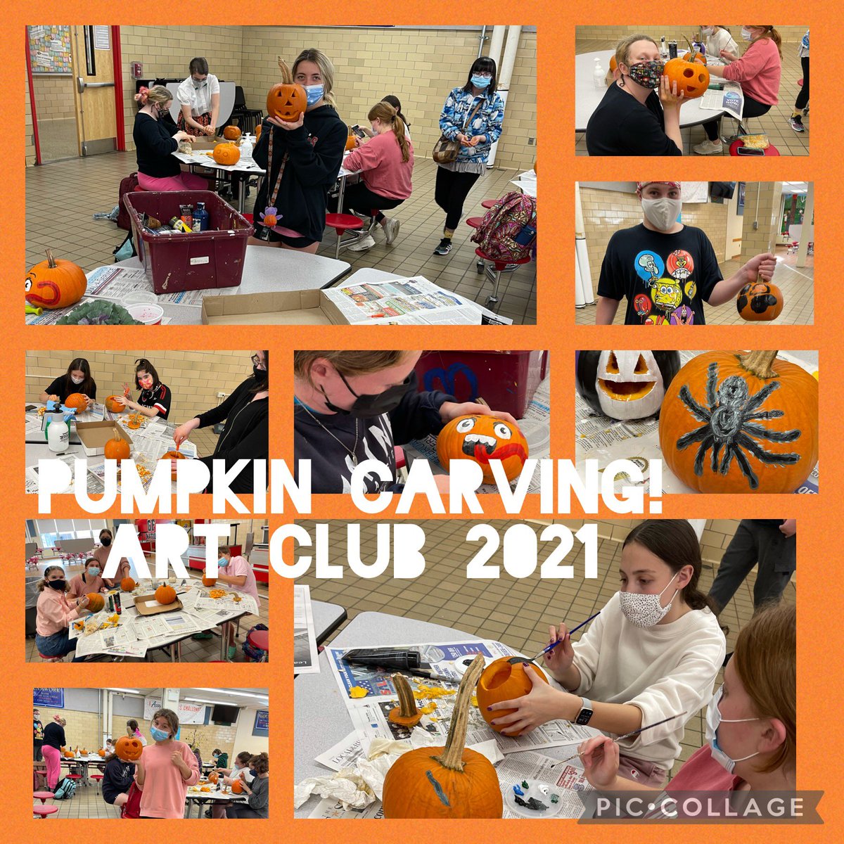 gfhsartbotch's tweet photo. GFHS Art club…. 25 pumpkins carved … fall in full swing at GFHS!  Thank you to Binley’s, Hewitt’s and Garden Time  for the pumpkins. A great time had by all… first time carved pumpkin happened today!😁 https://t.co/VaqoJLc6iP