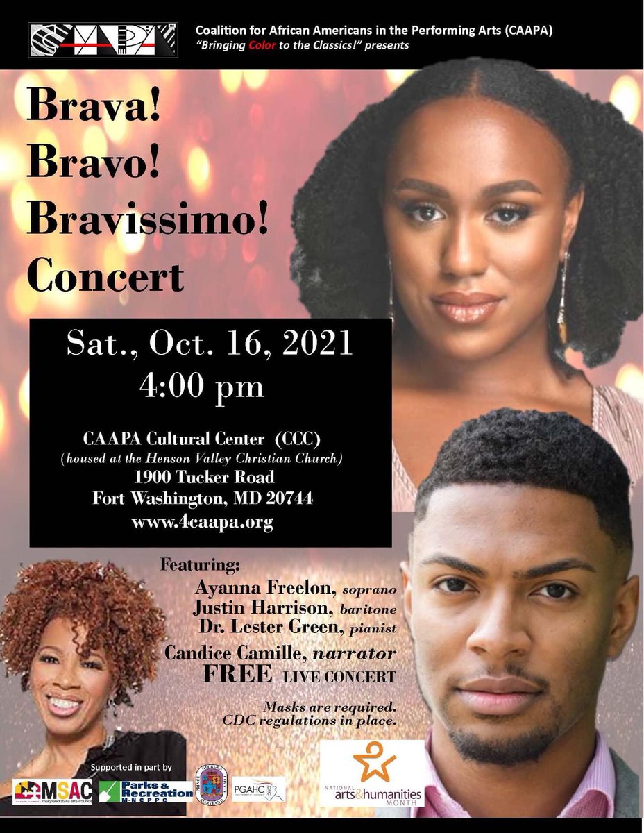 Enjoy a Coalition for African Americans in the Performing Arts (CAPPA) Concert (FREE - Masks required) on Saturday, 10/16/21 - 4:00 pm at the CAPPA Cultural Center, housed @ Henson Valley Christian Church, 1900 Tucker Road, Fort Washington, MD.
#DistrictGr8 
#ExposureIsEverything