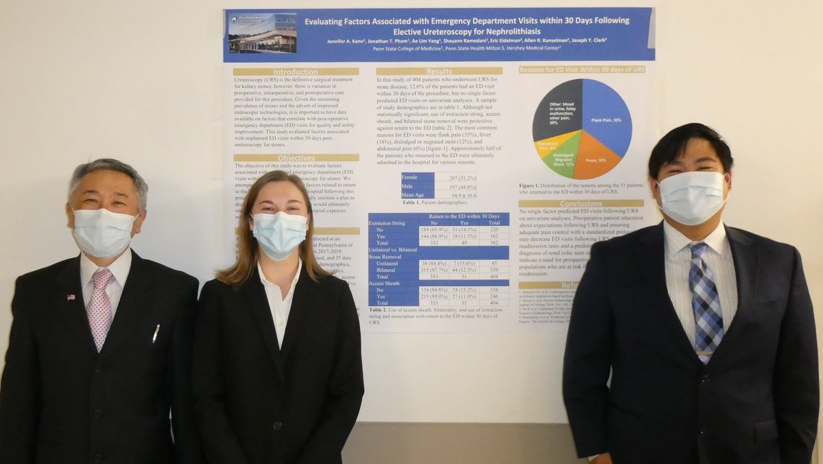 Excellent work by MS3 <a href="/JennyKane772/">Jenny Kane</a>, MS2 <a href="/JonathanTPham/">JonathanPham</a>, &amp;  PGY3 <a href="/eric_eidelman/">Eric Eidelman</a> @PennStUrology who contributed to our IRB approved research on factors associated with return to the ED after ureteroscopy and had our display poster at the  #MAAUA21 @MAoftheAUA