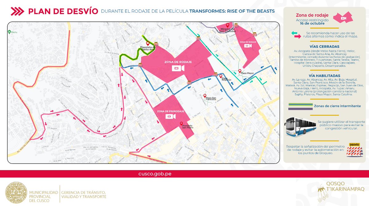 cuscopost's tweet photo. 🧵➡Se recomienda: 🗺Revisar el Plan de Desvío, ⬆���⬅️➡️⬇️utilizar rutas alternas, 🚌hacer uso del transporte público masivo, 🚫respetar la señalización y 🚶♂️🚶♀️evitar las aglomeraciones en los puntos de bloqueo.
#TransformersEnCusco #CineEnCusco https://t.co/8FC8UYYosV