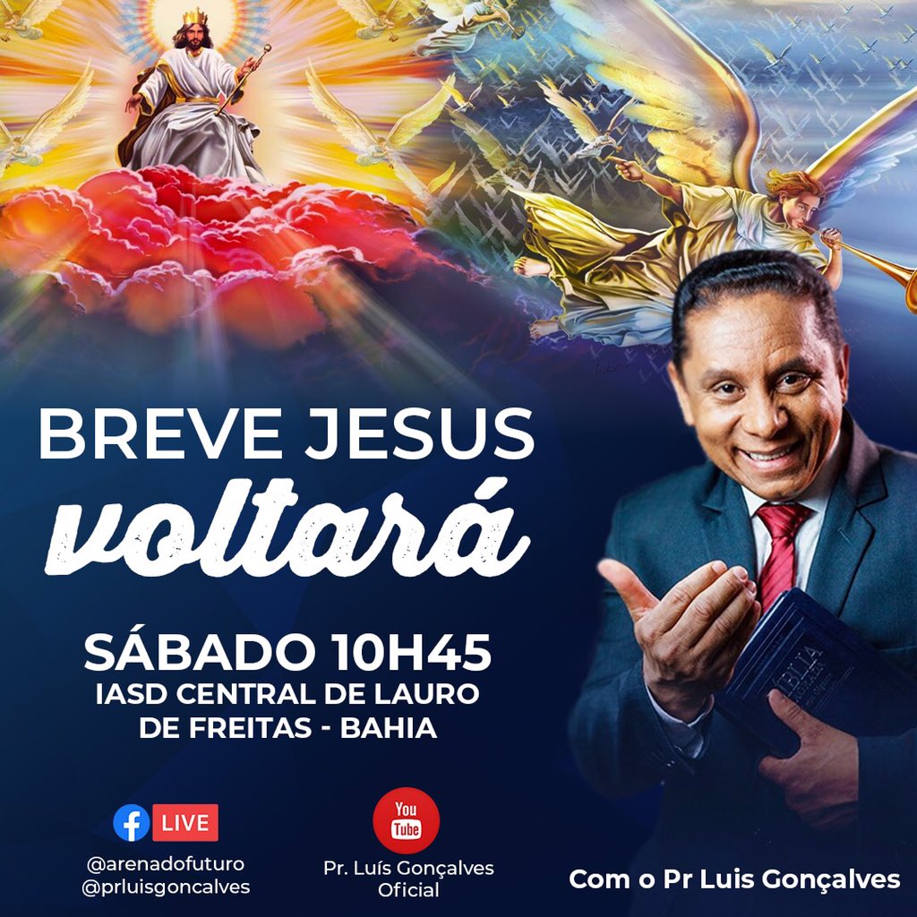 Te espero neste #Sábado, as 10:45, no meu canal do YouTube e no Facebook do <a href="/arenadofuturo/">Arena do Futuro</a>. Vou pregar na Igreja Adventista central de Lauro de Freitas, Bahia. @evangelismodsa