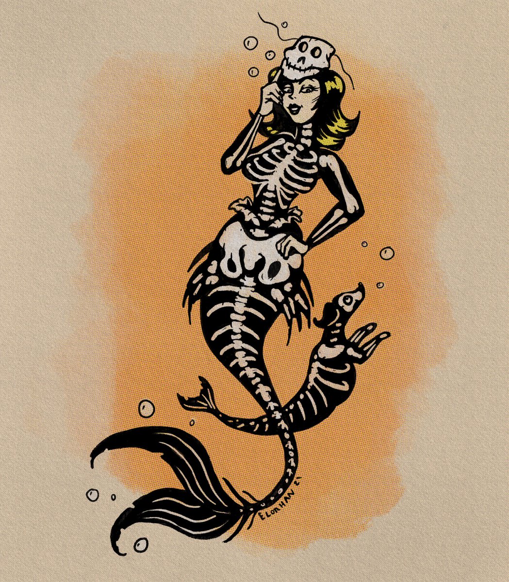 artofelorhan's tweet photo. Inspired by a great prompt from @kaitdonedid to redraw a classic and my love of vintage halloween costumes 😁 retro skeleton mermaid! Couldn’t decide on black and white or vintage colour. Let me know if have a fav 😊✨🎃 🎨#Drawlloween2021 #vintage #halloween #procreate #elorhan https://t.co/YCuQeoE5dC