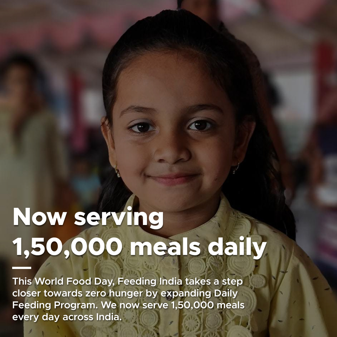 FeedingIndia's tweet image. This #WorldFoodDay, we are proud to announce that we are now serving 1.5 lac meals daily across India as part of our #DailyFeedingProgram!

We are grateful to our NGO and kitchen partners and everyone else who have been a part of our ongoing journey towards achieving #ZeroHunger.