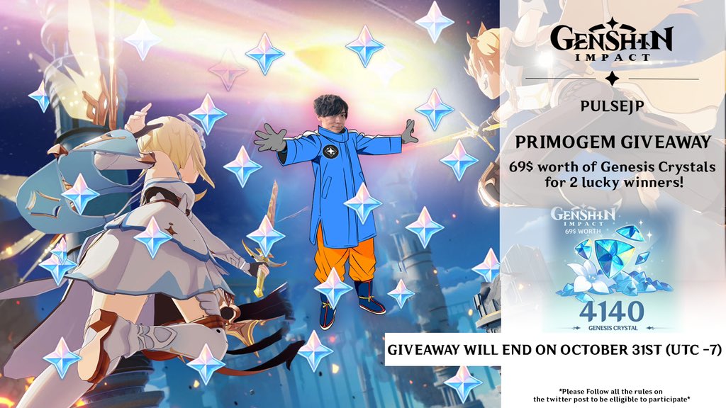 💎 Primogem Giveaway! 💎 To celebrate 6.9k followers on Twitch and also 1k followers on Twitter, I am going to be giving out $69 worth of Primogems to 2 lucky winners! Rules - Follow me - RT & Like - Reply with a Genshin meme OR comment “Nice” Giveaway ends OCT 31st (UTC-7)