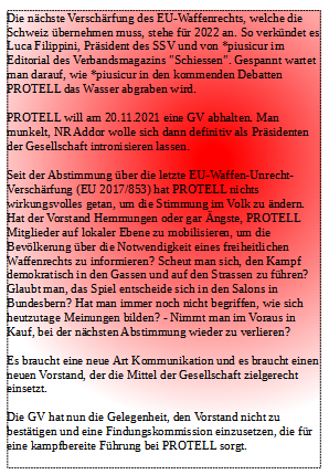 Der Vorstand von <a href="/protell_ch/">PROTELL</a> muss weg. Zeitgemässe Kräfte müssen den Kampf für die freiheitlichen Rechte der Waffenbesitzer und Schützen in den Gassen und auf den Strassen führen.
cc: <a href="/Weltwoche/">Die Weltwoche</a> <a href="/AargauerZeitung/">AargauerZeitung</a> <a href="/Blickch/">Blick </a> <a href="/swissshooting/">swissshooting</a> <a href="/piusicur/">piusicur</a> <a href="/udcvr64/">Jean-Luc Addor</a>