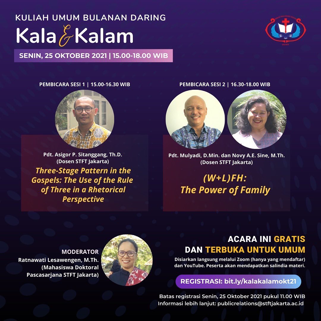 stftjakarta's tweet photo. Kuliah Umum Bulanan “Kala dan Kalam" 
Senin, 25 Oktober 2021 pukul 15.00-18.00 WIB 

GRATIS dan TERBUKA UNTUK UMUM, disiarkan melalui aplikasi Zoom (terbatas untuk 250 pendaftar).

Link pendaftaran: https://t.co/BfUS6PoV5b
(Pendaftaran dibuka s.d 25 Oktober 2021, Pkl. 11.00 WIB) https://t.co/sZ8a4d6oag