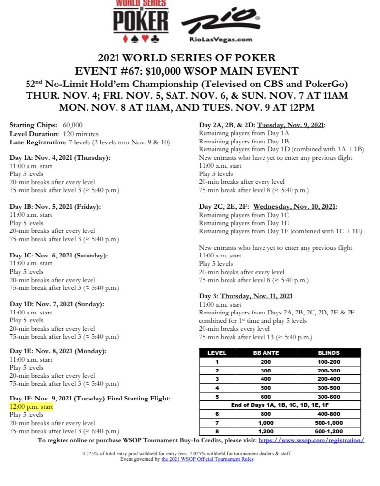 WSOP on Twitter "The revised WSOP Main Event schedule. This will also