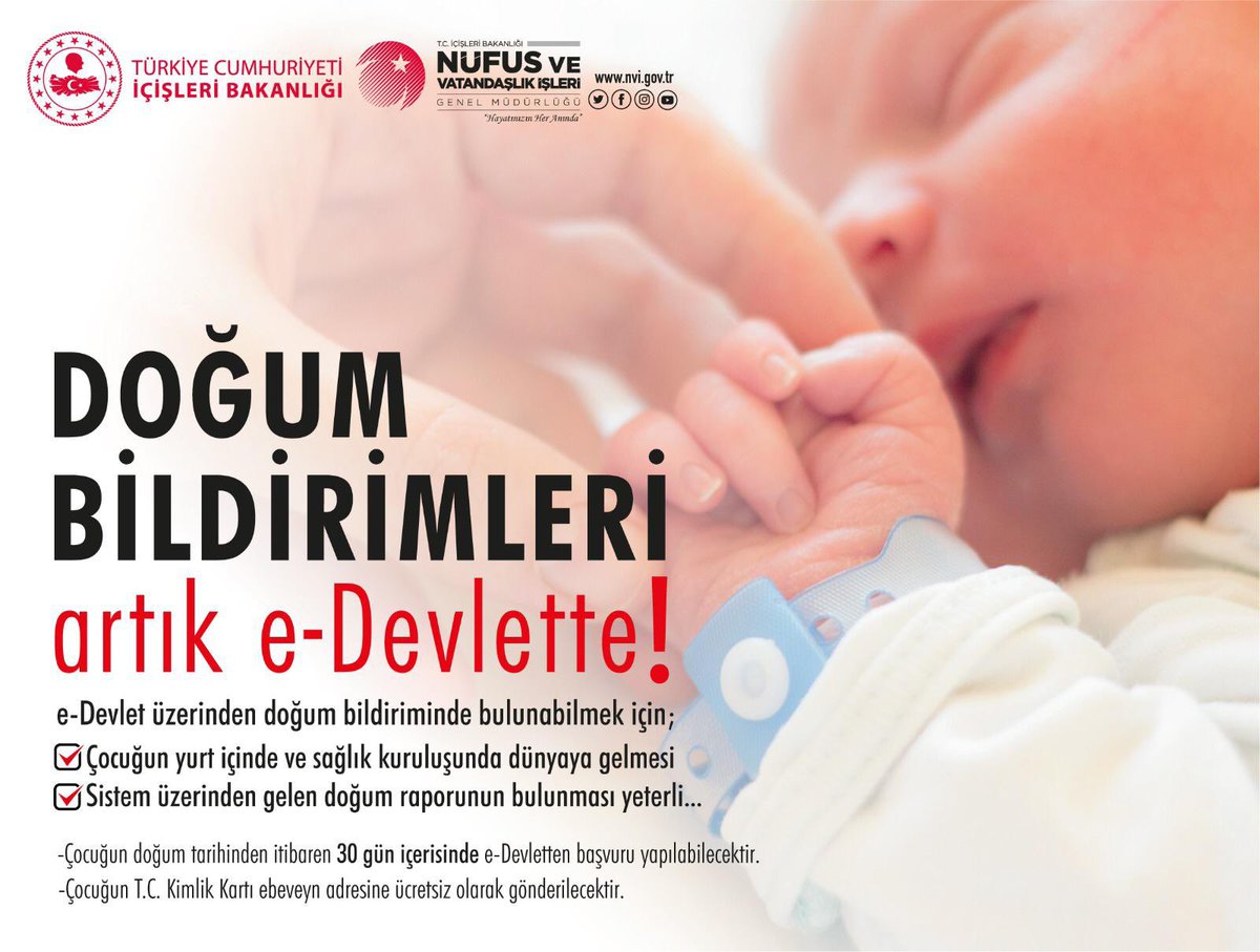 Nüfus ve Vatandaşlık İşleri Genel Müdürlüğü (@tcnufus) on Twitter photo 🖥 e-Devlet Kapısı aracılığı ile hızlı, güvenli ve kesintisiz hizmet sunmaya devam ediyoruz❗️<a href="/ekapi/">e-Devlet Kapısı</a>
Vatandaşlarımızın,
yeni doğan bebeklerinin doğum bildirimlerine ilişkin başvurularının e-Devlet üzerinden alınması sağlandı✔️
👉 turkiye.gov.tr/nvi-dogum-bild…
#HayatınızınHerAnında 🖥 e-Devlet Kapısı aracılığı ile hızlı, güvenli ve kesintisiz hizmet sunmaya devam ediyoruz❗️<a href="/ekapi/">e-Devlet Kapısı</a>
Vatandaşlarımızın,
yeni doğan bebeklerinin doğum bildirimlerine ilişkin başvurularının e-Devlet üzerinden alınması sağlandı✔️
👉 turkiye.gov.tr/nvi-dogum-bild…
#HayatınızınHerAnında
