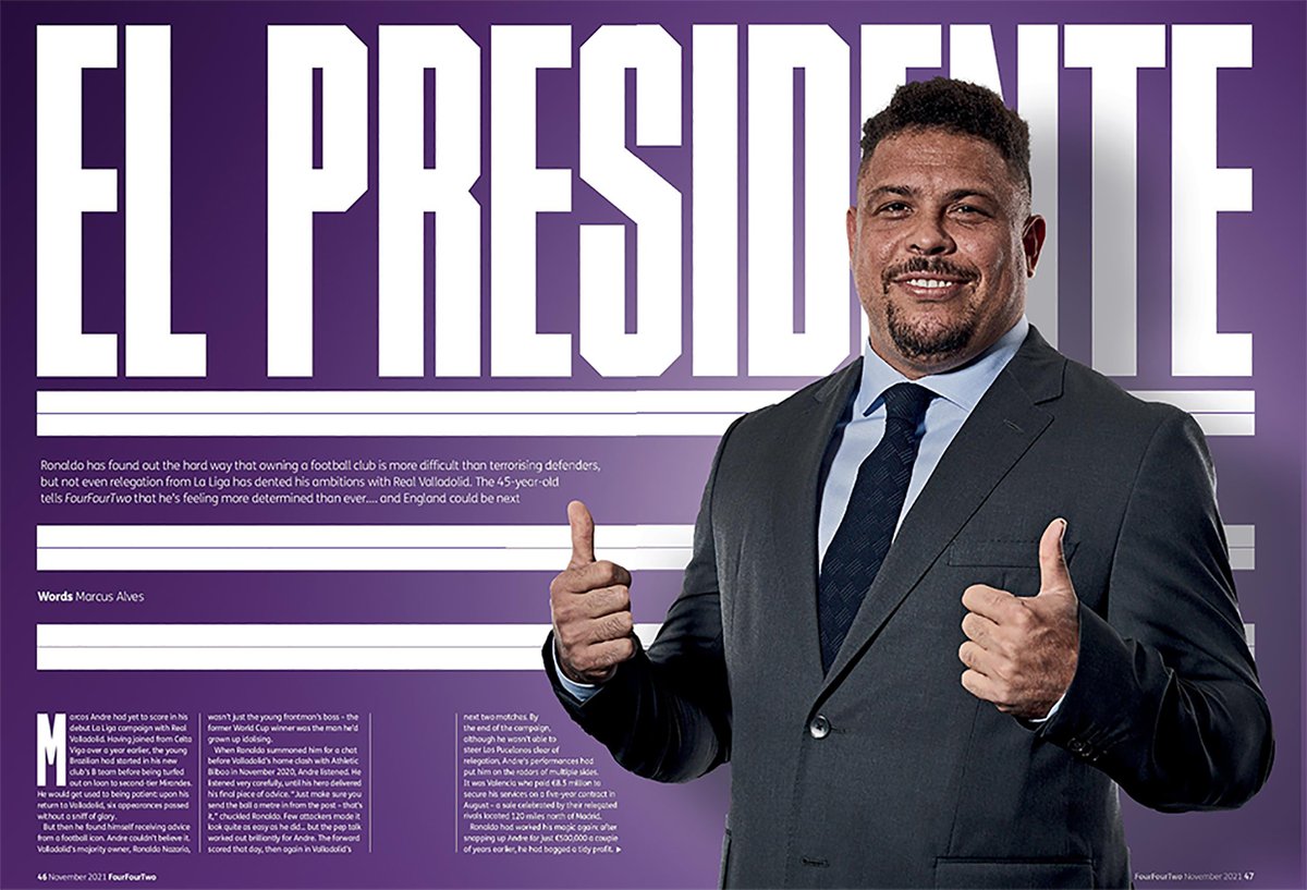 FourFourTwo's tweet photo. 📖 NEW ISSUE

🙌 RONALDO: EL PRESIDENTE

Ronaldo's found out that being a club owner is more difficult than his previous life terrorising defenders, but he tells FFT that relegation won't dent his ambitions with Real Valladolid… and England could be next
https://t.co/qC7TNCYSoB https://t.co/tYMywTDujk