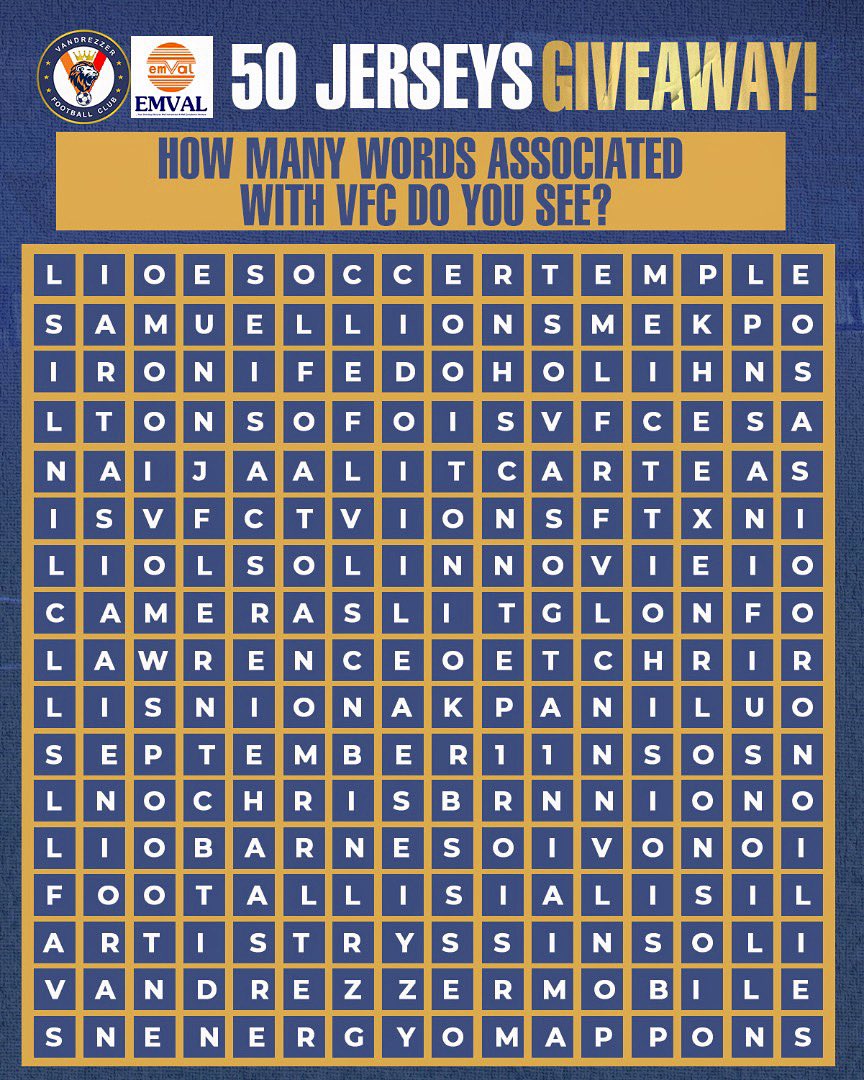 vandrezzerfc_'s tweet photo. Hey Lions!
We continue our jersey giveaway with this cross-word puzzle.
How many words associated with VFC do you see?
Best 10 answers will be randomly selected to win jerseys.
Powered by @EmvalLtd
#VFCat2 #VFCAnniversaryGiveAway #EMVAL https://t.co/XUHeOVr2Fs