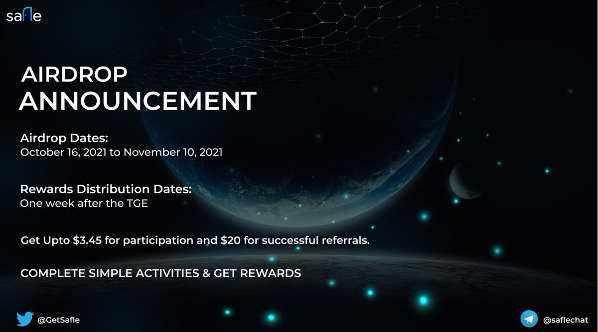 $SAFLE Airdrop is now live! 🚨
Details ⤵️

💫$10,000 USDT worth of $SAFLE.
💫Earn $3.45 for completing simple tasks and earn additional $20 for successful referrals.
💫Start the airdrop bot &amp; submit your entries: t.me/safleairdropbot