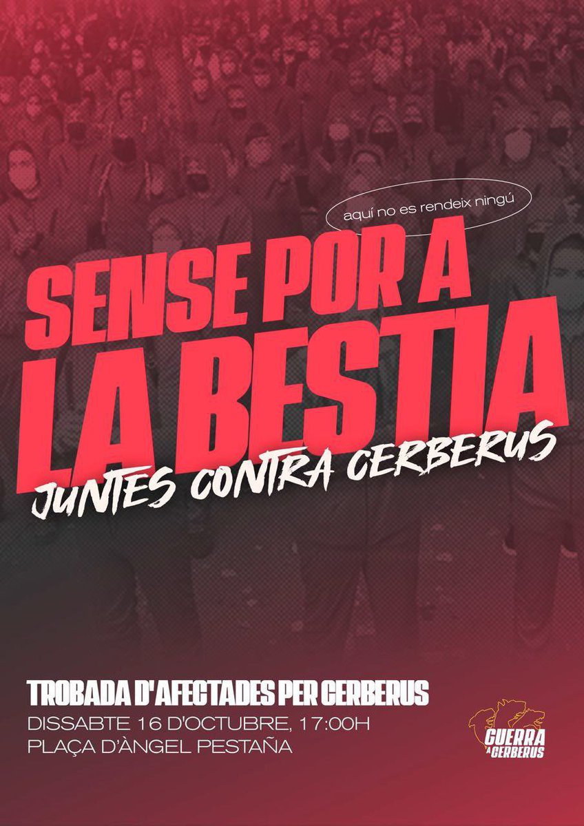 Avui és el gran dia!! La Trobada d’Afectades per Cerberus✨

Ens veiem a les 17h a la pl. Angel Pestaña (Nou Barris)📍

Hi ha espai pels infants, servei de barra, etc‼️

A cada barri, a cada poble, hem decidit anar #JuntesContraCerberus i no cedirem mai més!! 👹