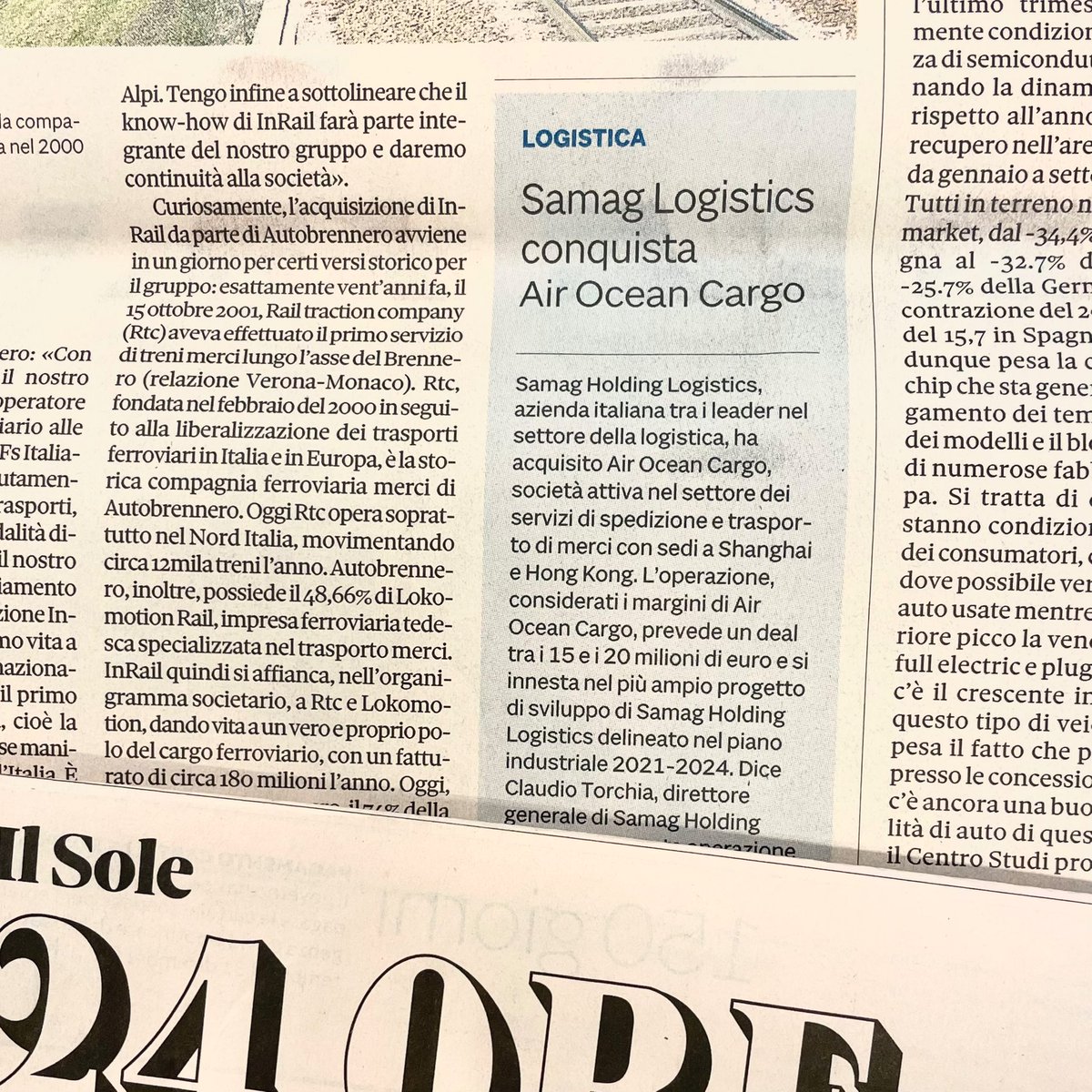 cominandpa's tweet photo. 🗞 Sui principali quotidiani la notizia dell’acquisizione di Air Ocean Cargo da parte di #Samag Holding Logistics, azienda italiana leader nella #logistica. Un’operazione che rafforza la presenza del Gruppo sui mercati internazionali e si innesta nel progetto di sviluppo 2021-24 https://t.co/vGcP4pNcdU