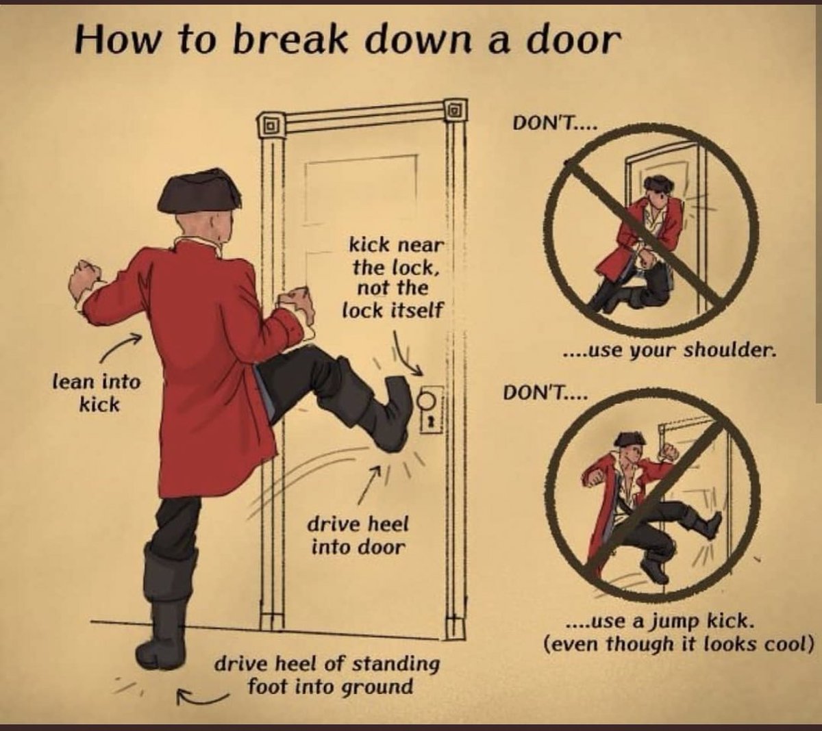 Howtodothose's tweet image. How to break down a door :